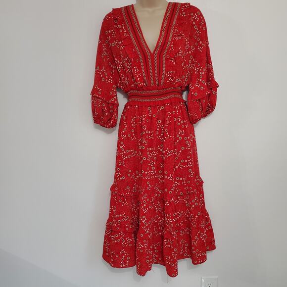Max Studio NWT Red Floral Tiered Midi Peasant Gypsy Boho Feminine Festival Flirt - Picture 1 of 16